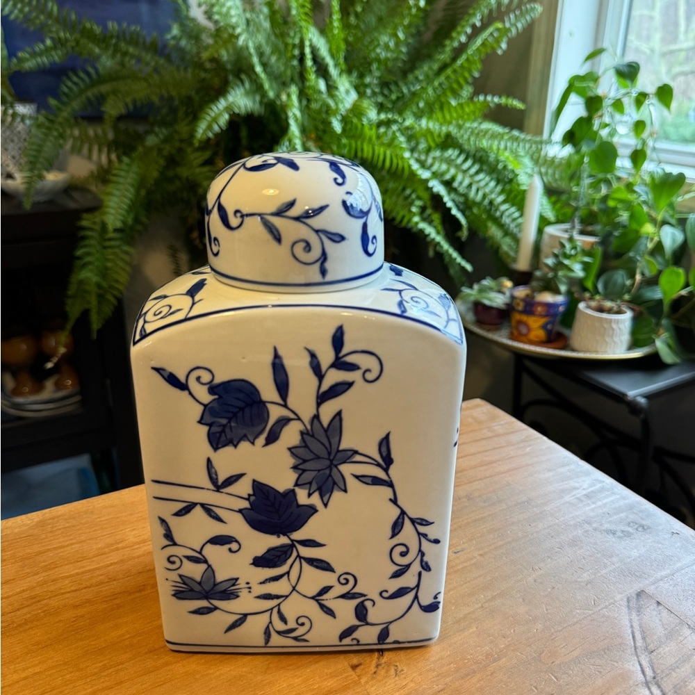 Blue & White Ceramic Lidded Jar Floral Design